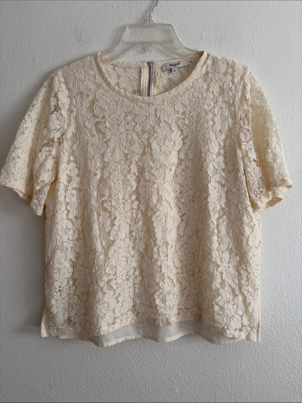 Madewell Meadowlace Tee Blouse in Cream, zipper back crew neckline